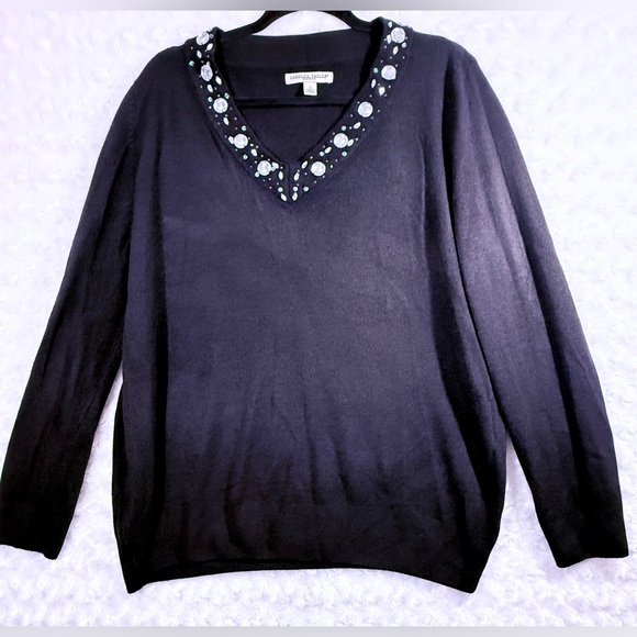 Carolyn Taylor Sweaters - Carolyn Taylor Women’s Size 1X Black V-Neck Sweater w/‎ Embellished Neckline Top